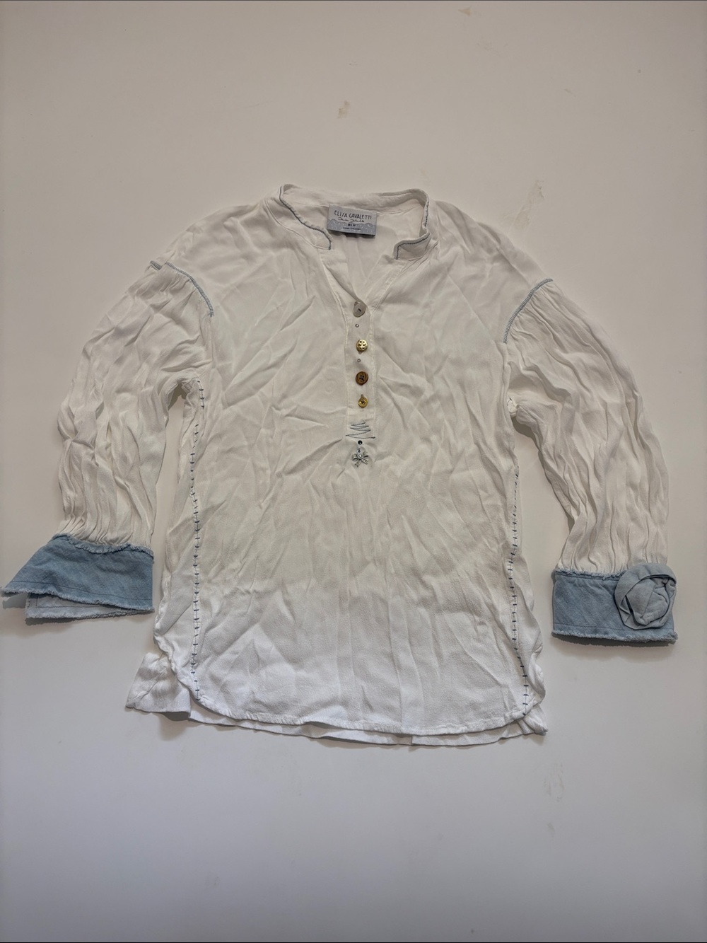 Elisa Cavaletti White Henley Top with Blue Stitch Accents